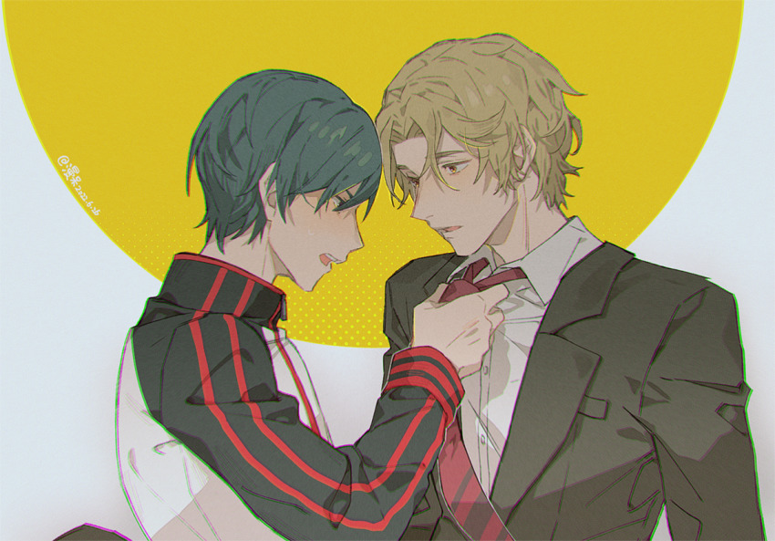 2boys, adjusting_clothes, adjusting_necktie, black_suit, blonde_hair, dated, eye_contact, fish191101756