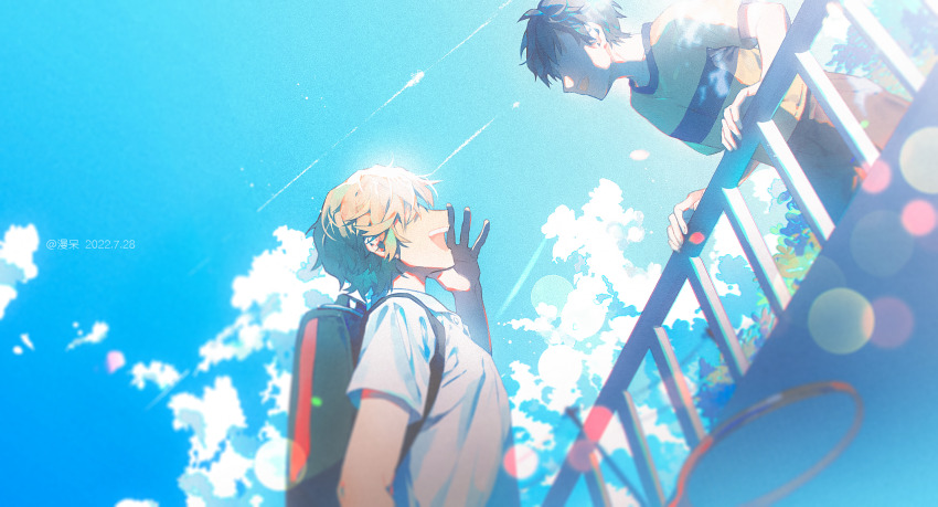 2boys, backpack, badminton_racket, bag, black_hair, blue_sky, dated, day