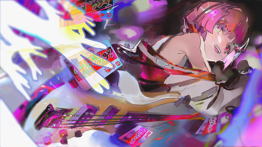 1girl, absurdres, bare_shoulders, bass_guitar, bocchi_the_rock!, highres, hiroi_kikuri, instrument