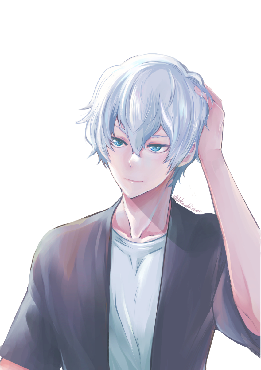 1boy, absurdres, artist_name, black_shirt, blue_eyes, doko_dokosan, hair_between_eyes, hand_on_own_head, highres, izumo_naohiro, looking_at_viewer, male_focus, ryman's_club, shirt, short_hair, simple_background, solo, upper_body, white_background, white_hair, white_shirt