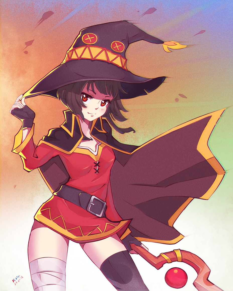 1girl, bandaged_leg, bandages, belt, black_cape, black_gloves, black_hair, black_hat, breasts, cape, commentary, dated, dress, english_commentary, fingerless_gloves, gloves, hat, holding, holding_staff, kola411, kono_subarashii_sekai_ni_shukufuku_wo!, looking_at_viewer, megumin, red_dress, red_eyes, short_hair, short_hair_with_long_locks, single_thighhigh, small_breasts, solo, staff, thighhighs, witch_hat