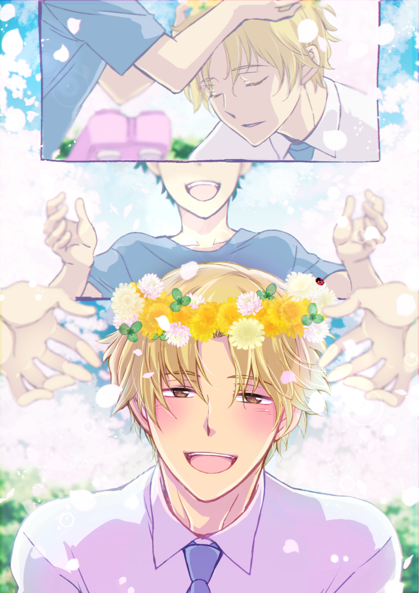 2boys, :d, blonde_hair, blush, brown_eyes, closed_eyes, day, doko_dokosan