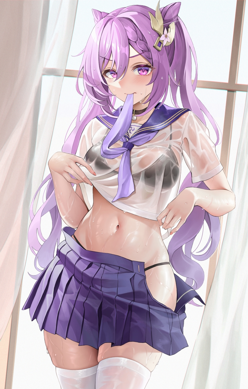 1girl, absurdres, alternate_costume, bikini, bikini_under_clothes, black_bikini, black_choker, braid, choker, closed_mouth, clothes_in_mouth, commentary_request, cone_hair_bun, cowboy_shot, crop_top, curtains, double_bun, elocca, fingernails, genshin_impact, hair_between_eyes, hair_bun, hair_ornament, halterneck, highres, indoors, keqing_(genshin_impact), long_hair, miniskirt, mitsudomoe_(shape), mouth_hold, navel, neckerchief, neckerchief_in_mouth, open_clothes, open_skirt, pleated_skirt, purple_neckerchief, purple_sailor_collar, purple_skirt, sailor_collar, school_uniform, see-through_clothes, see-through_shirt, serafuku, shirt, short_sleeves, sidelocks, skindentation, skirt, solo, stomach, string_bikini, swimsuit, thighhighs, thighs, tomoe_(symbol), twintails, v-shaped_eyebrows, wet, wet_clothes, white_shirt, window, zettai_ryouiki