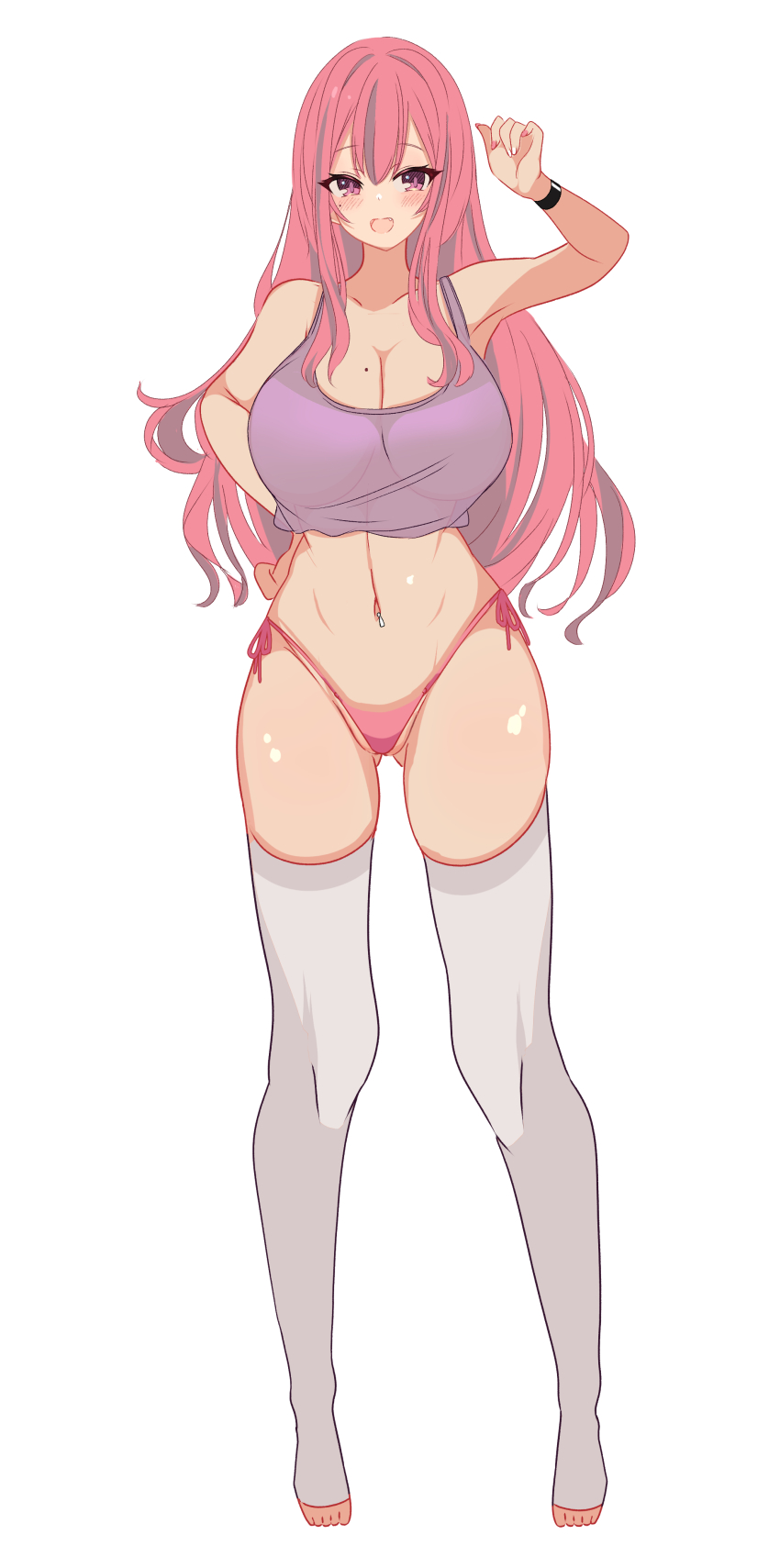 1girl, :d, absurdres, armpits, azur_lane, bare_shoulders, bikini, blush, breasts, bremerton_(azur_lane), bremerton_(relaxation_consultation)_(azur_lane), cleavage, collarbone, commentary, crop_top, fang, full_body, gluteal_fold, grey_hair, groin, hair_between_eyes, hair_down, hand_on_own_hip, hand_up, highres, large_breasts, londom_(lonhomewell), long_hair, looking_at_viewer, midriff, mole, mole_on_breast, mole_under_eye, multicolored_hair, navel, navel_piercing, official_alternate_costume, official_alternate_hairstyle, open_mouth, piercing, pink_bikini, pink_eyes, pink_hair, pink_nails, purple_tank_top, side-tie_bikini_bottom, sidelocks, skindentation, smile, solo, standing, streaked_hair, swimsuit, tank_top, thighhighs, toeless_legwear, two-tone_hair, white_thighhighs, wristband