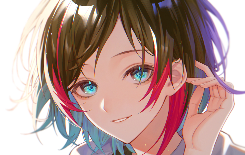 1boy, absurdres, aoringo1875, blue_eyes, crazy_raccoon, hand_in_own_hair, highres, looking_at_viewer, medium_hair, multicolored_hair, open_mouth, portrait, simple_background, smile, trap, uruca_(vtuber), virtual_youtuber, white_background