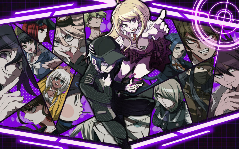 6+boys, 6+girls, :d, akamatsu_kaede, amami_rantaro, apron, arms_up, baseball_cap, bikini, black_apron, black_gloves, black_hair, black_headwear, black_jacket, black_pants, black_skirt, blonde_hair, blush_stickers, bow, bowtie, breasts, brown_hair, brown_jacket, bullet, chabashira_tenko, danganronpa_(series), danganronpa_v3:_killing_harmony, dark-skinned_female, dark_skin, ear_piercing, everyone, facial_hair, fingerless_gloves, flipped_hair, frown, glasses, gloves, goatee, goggles, goggles_on_head, gokuhara_gonta, green_eyes, green_hair, grey_bikini, grey_hair, grin, hair_between_eyes, hand_up, harukawa_maki, hat, hoshi_ryoma, index_finger_raised, iruma_miu, jacket, k1-b0, large_breasts, long_hair, long_sleeves, looking_at_viewer, mask, miniskirt, mole, mole_under_eye, momota_kaito, mouth_mask, multiple_boys, multiple_girls, nantoka_aida, necktie, oma_kokichi, open_mouth, orange_bow, orange_bowtie, pants, piercing, pink_vest, pointing, pointing_at_viewer, purple_eyes, purple_necktie, red_hair, round_eyewear, saihara_shuichi, shinguji_korekiyo, shirogane_tsumugi, skirt, smile, striped_clothes, striped_jacket, sweat, swimsuit, teeth, tojo_kirumi, tongue, tongue_out, upper_teeth_only, vest, witch_hat, yellow_jacket, yonaga_angie, yumeno_himiko