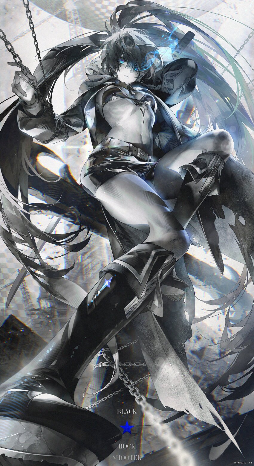 1girl, absurdres, arm_up, artist_name, bad_id, bad_twitter_id, belt, belt_buckle, bikini, bikini_top_only, black_bikini, black_boots, black_hair, black_jacket, black_rock_shooter, black_rock_shooter_(character), black_shorts, blue_eyes, blurry, blurry_background, boots, breasts, buckle, building, chain, commentary, copyright_name, crane_(machine), dated, diffraction_spikes, ena_(enaa97), expressionless, eyelashes, flaming_eye, from_below, front-tie_bikini_top, front-tie_top, hair_between_eyes, hand_up, highres, holding, holding_sword, holding_weapon, jacket, knee_boots, light_particles, long_hair, long_sleeves, looking_at_viewer, midriff, navel, open_clothes, open_jacket, pale_skin, parted_lips, puffy_long_sleeves, puffy_sleeves, ruins, short_shorts, shorts, sidelocks, small_breasts, solo, standing, stomach, swimsuit, sword, tower, twintails, uneven_twintails, very_long_hair, watermark, weapon, white_belt