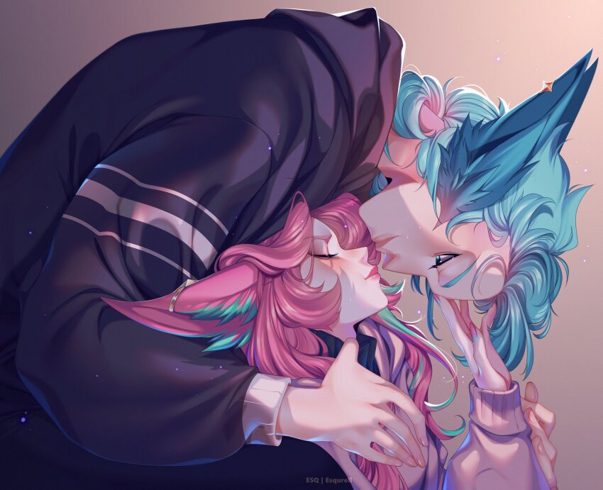1boy, 1girl, absurdres, alternate_costume, animal_ears, artist_name, black_hoodie, blue_hair, earrings, esqurell, facing_another, from_side, gradient_background, grey_background, hand_up, hetero, highres, hood, hood_down, hoodie, imminent_kiss, jewelry, league_of_legends, long_hair, long_sleeves, nail_polish, pink_sweater, rakan_(league_of_legends), red_hair, red_nails, redeemed_star_guardian_rakan, redeemed_star_guardian_xayah, star_guardian_rakan, star_guardian_xayah, sweater, upside-down_head, watermark, xayah