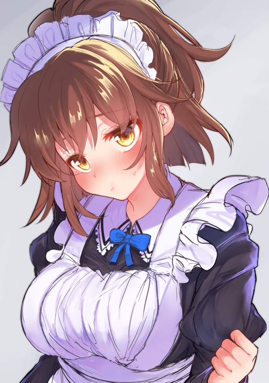 1girl, apron, arle_nadja, blue_ribbon, blush, breasts, brown_hair, closed_mouth