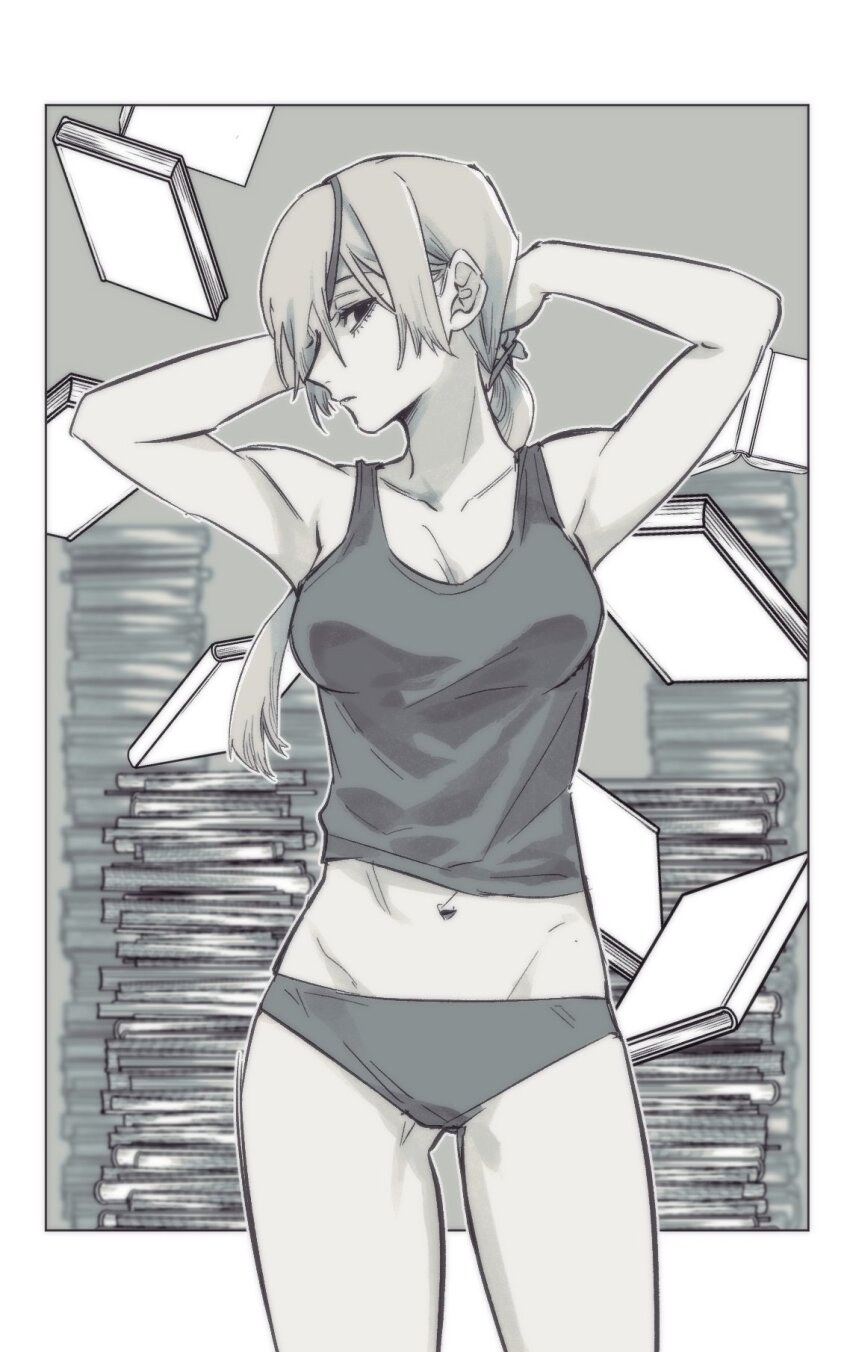 1girl, adjusting_hair, arms_behind_head, arms_up, blackhiro6, book, book_stack, border, breasts, chainsaw_man, cleavage, eyepatch, falling_books, grey_hair, grey_tank_top, greyscale, highres, long_hair, looking_at_viewer, medium_breasts, midriff, monochrome, outside_border, panties, ponytail, quanxi_(chainsaw_man), sideways_glance, solo, tank_top, underwear, white_border