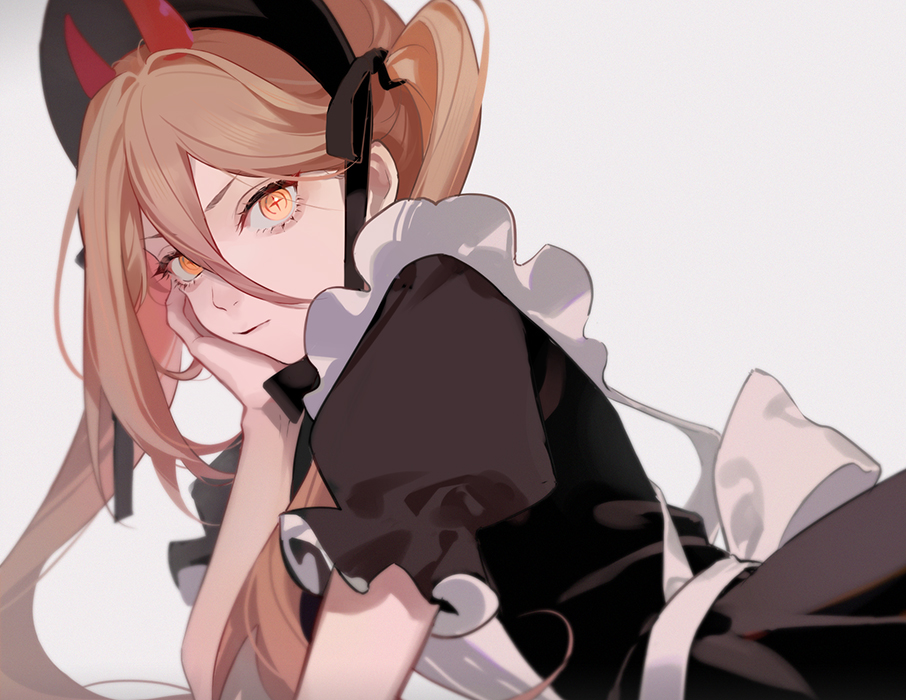 1girl, black_headwear, brown_eyes, chainsaw_man, closed_mouth, english_text, eyokiki, hair_between_eyes