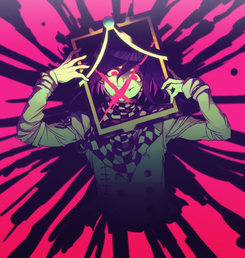 1boy, black_background, buttons, checkered_clothes, checkered_scarf, cropped_torso, cross, danganronpa_(series)