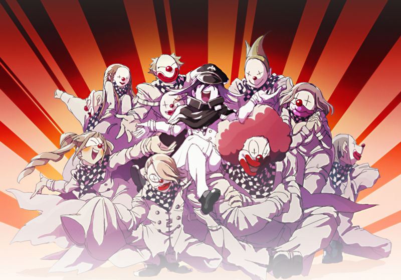 3girls, 6+boys, :d, afro, black_cape, black_hair, brown_hair, cape