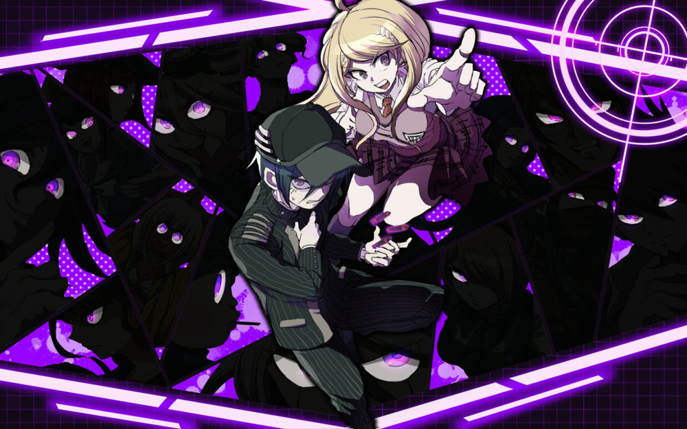 6+boys, 6+girls, :d, akamatsu_kaede, amami_rantaro, black_hair, black_headwear, black_jacket, black_pants, blonde_hair, breasts, brown_necktie, bullet, chabashira_tenko, clenched_teeth, collared_shirt, danganronpa_(series), danganronpa_v3:_killing_harmony, fortissimo, glowing, glowing_eyes, gokuhara_gonta, hair_ornament, hand_up, harukawa_maki, hoshi_ryoma, iruma_miu, jacket, k1-b0, large_breasts, long_hair, miniskirt, momota_kaito, multiple_boys, multiple_girls, musical_note, musical_note_hair_ornament, nantoka_aida, necktie, oma_kokichi, open_mouth, pants, pink_eyes, pink_vest, pleated_skirt, pointing, pointing_at_viewer, red_skirt, saihara_shuichi, shinguji_korekiyo, shirogane_tsumugi, shirt, skirt, smile, striped_clothes, striped_jacket, striped_pants, teeth, tojo_kirumi, tongue, tongue_out, v-shaped_eyebrows, vest, white_shirt, yonaga_angie, yumeno_himiko