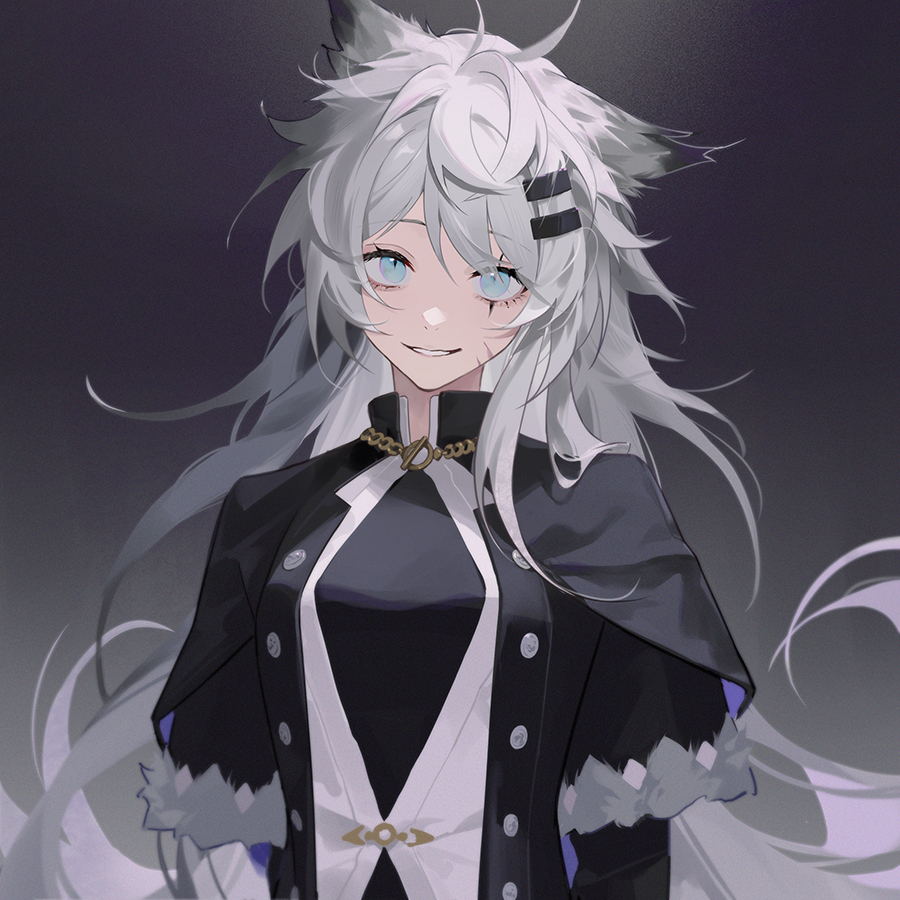 1girl, animal_ears, arknights, blue_eyes, eyokiki, grey_hair, hair_between_eyes, hair_ornament