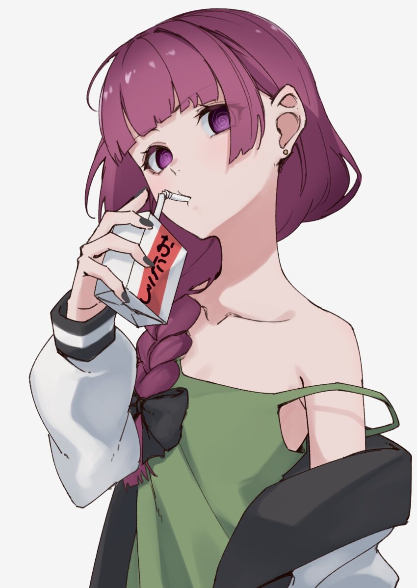 1girl, @_@, alcohol_carton, black_bow, black_jacket, black_nails, blunt_bangs, bocchi_the_rock!