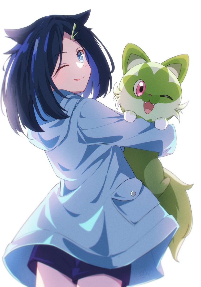 1girl, black_hair, black_shorts, blue_eyes, blue_jacket, colored_skin, hair_ornament, happy, highres, jacket, liko_(pokemon), looking_at_viewer, nintendo, one_eye_closed, pokemon, pokemon_(anime), pokemon_horizons, rizuaki, short_hair, shorts, smile, sprigatito, white_background, white_skin