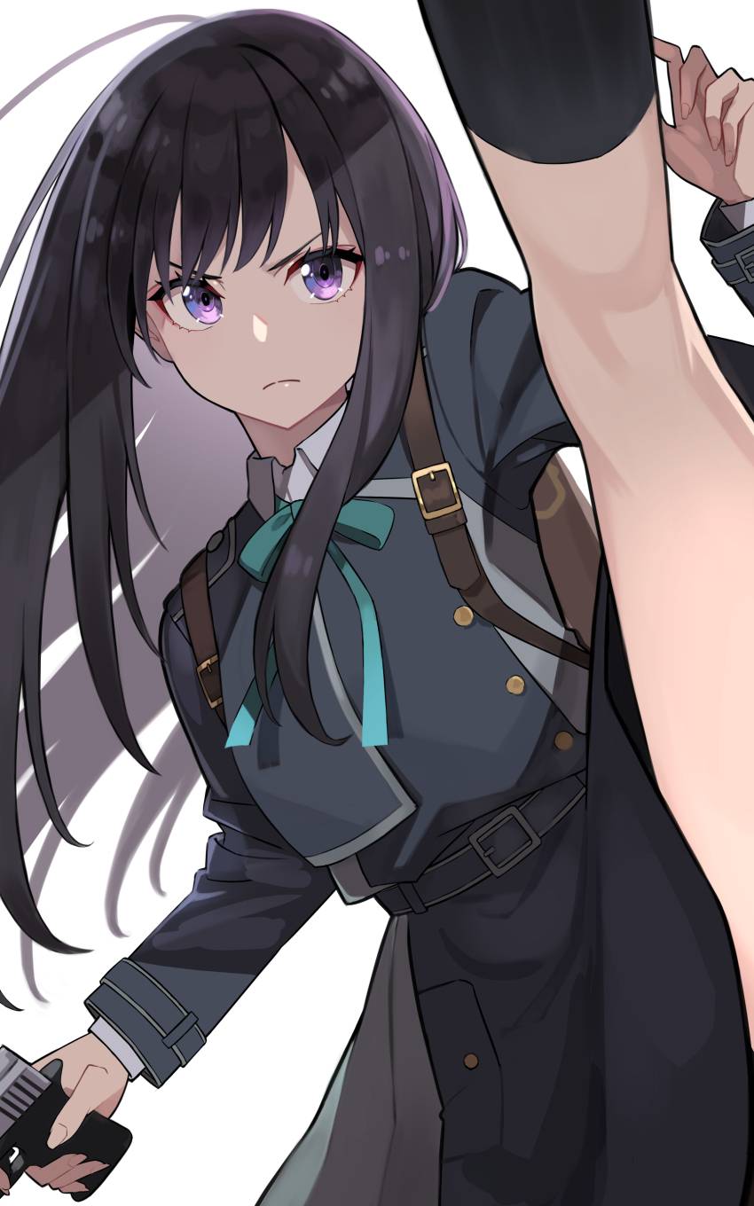 1girl, absurdres, black_hair, closed_mouth, dress, floating_hair, frown, grey_jacket, gun, handgun, high_kick, highres, holding, holding_gun, holding_weapon, inoue_takina, jacket, kicking, kneepits, leg_up, long_hair, long_sleeves, looking_at_viewer, lycoris_recoil, lycoris_uniform, purple_eyes, raa_senpai, school_uniform, smith_&amp;_wesson_m&amp;p, solo, straight_hair, two-tone_dress, weapon