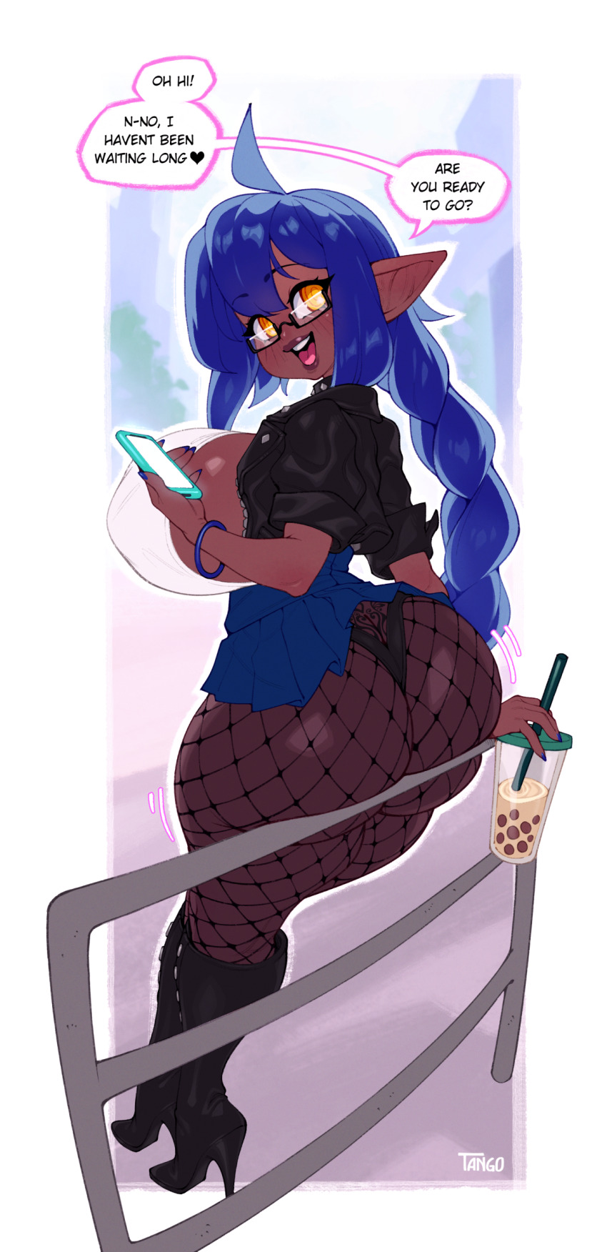 1girl, absurdres, ass, black-framed_eyewear, black_boots, black_pantyhose, blue_hair, blue_nails