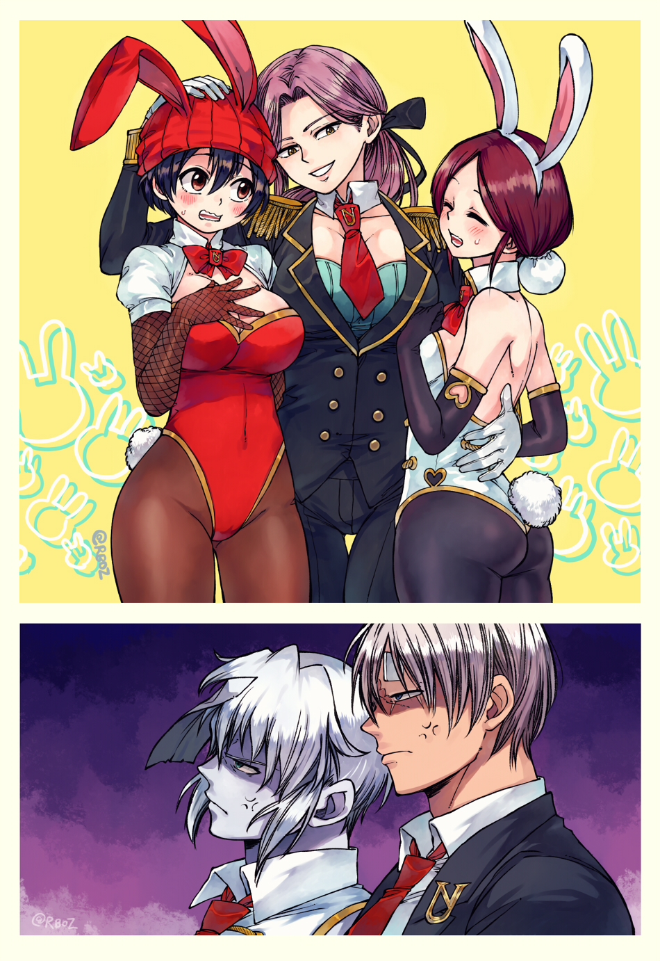 2boys, 3girls, andy_(undead_unluck), anger_vein, animal_ears, ass, beanie, black_hair, black_pants, black_pantyhose, black_ribbon, blush, bow, bowtie, bra, breasts, brown_eyes, closed_eyes, colored_skin, covered_navel, detached_collar, epaulettes, fake_animal_ears, fake_tail, fishnet_gloves, fishnets, formal_clothes, fur-trimmed_bun_covers, gloves, green_bra, green_eyes, grey_hair, hair_between_eyes, hair_bun, hand_on_another's_back, hand_on_another's_head, hat, highres, hug, izumo_fuuko, juiz, juiz_(undead_unluck), large_breasts, leotard, long_sleeves, medium_breasts, mui_(undead_unluck), multiple_boys, multiple_girls, necktie, open_mouth, pants, pantyhose, parted_lips, playboy_bunny, purple_background, purple_hair, rabbit_ears, rabbit_tail, red_bow, red_bowtie, red_eyes, red_headwear, red_leotard, red_necktie, ribbon, rusky, shen_(undead_unluck), shirt, shrug_(clothing), small_breasts, smile, strapless, strapless_leotard, suit, tail, teardrop, thigh_gap, twitter_username, undead_unluck, underwear, white_hair, white_leotard, white_shirt, white_skin, yellow_background