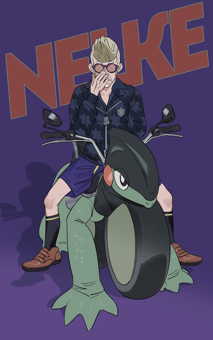 1boy, adjusting_eyewear, black-framed_eyewear, black_socks, blonde_hair, brown_footwear, clavell_(pokemon), clive_(pokemon)