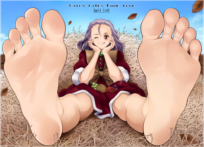 1girl, absurdres, apple, autumn_leaves, barefoot, brown_eyes, english_text, feet, food, foot_focus, forehead, foreshortening, fruit, grapes, greek_toe, highres, kiwi_(fruit), leaf, lisa_(princess_maker), princess_maker_(series), princess_maker_3, purple_hair, rg_(gumin), sitting, soles, solo, toes
