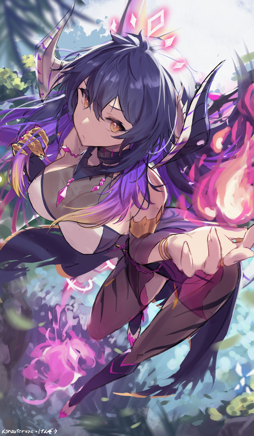 1girl, bracelet, dragon, dragon_girl, dragon_tail, flying, highres, horns, indie_virtual_youtuber, jewelry, k3nzoteruta, kimochi_(vtuber), long_hair, looking_at_viewer, magic, monster_girl, multicolored_hair, necklace, outdoors, purple_hair, purple_nails, tail, toes, virtual_youtuber, western_dragon, yellow_eyes