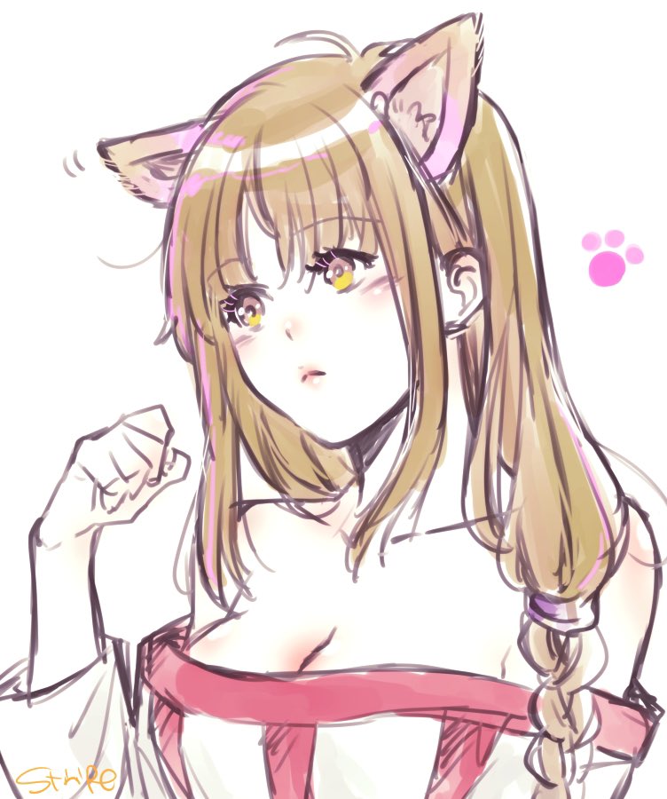 1girl, animal_ears, arc_the_lad, arc_the_lad_ii, bare_shoulders, blush, braid, breasts, brown_eyes, brown_hair, cat_ears, cleavage, closed_mouth, collarbone, dress, lieza_(arc_the_lad), long_hair, medium_breasts, paw_pose, simple_background, single_braid, solo, stripe335, very_long_hair, white_background