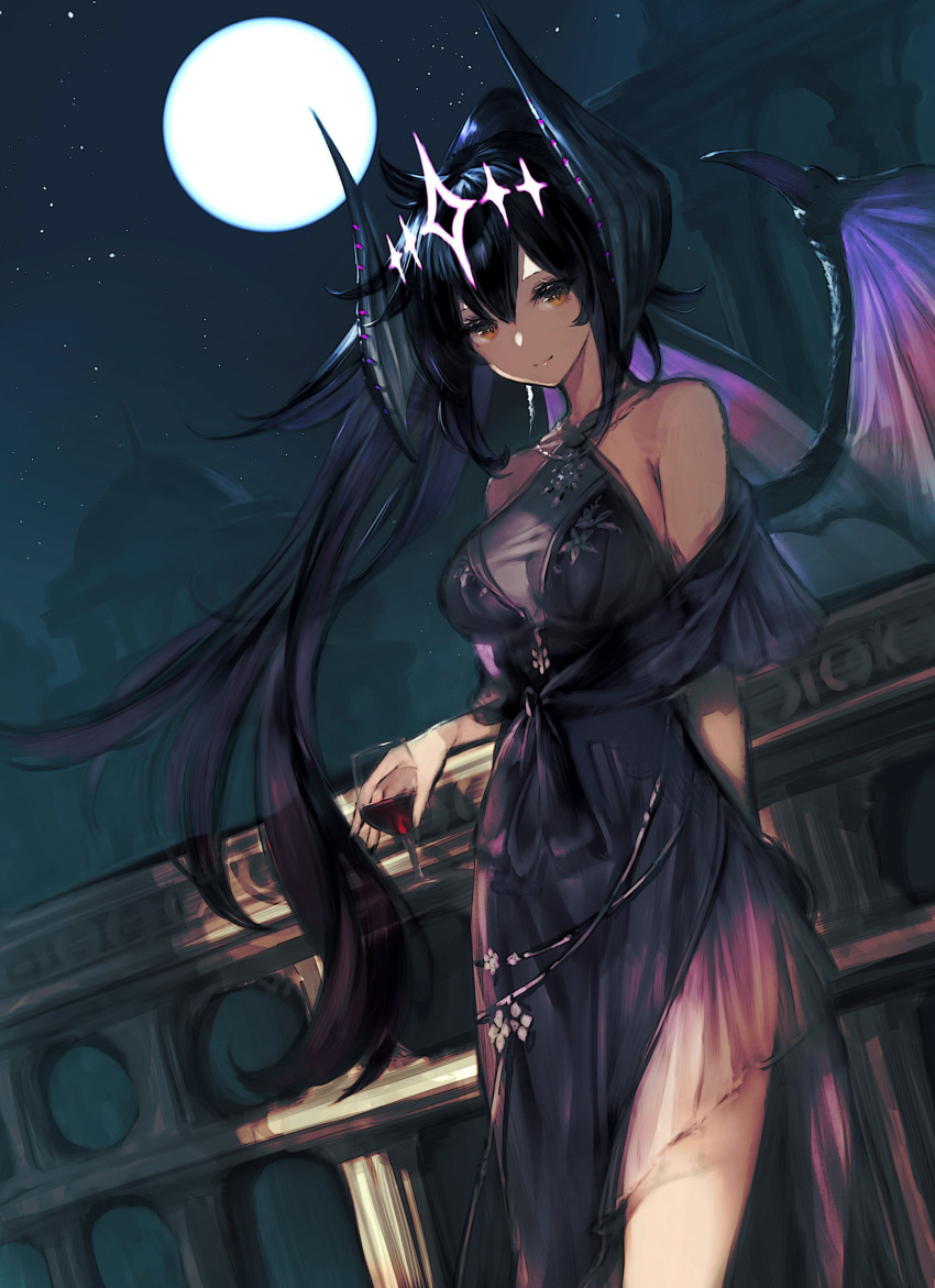 1girl, absurdres, balcony, bare_shoulders, black_hair, breasts, cup, dragon, dragon_girl, dragon_horns, dragon_tail, dragon_wings, dress, drinking_glass, full_moon, garuku, glass, highres, horns, indie_virtual_youtuber, jewelry, kimochi_(vtuber), large_breasts, long_hair, looking_at_viewer, medium_breasts, monster_girl, moon, multicolored_hair, necklace, night, see-through_clothes, sleeveless, solo, standing, star_(sky), tail, virtual_youtuber, wine_glass, wings, yellow_eyes