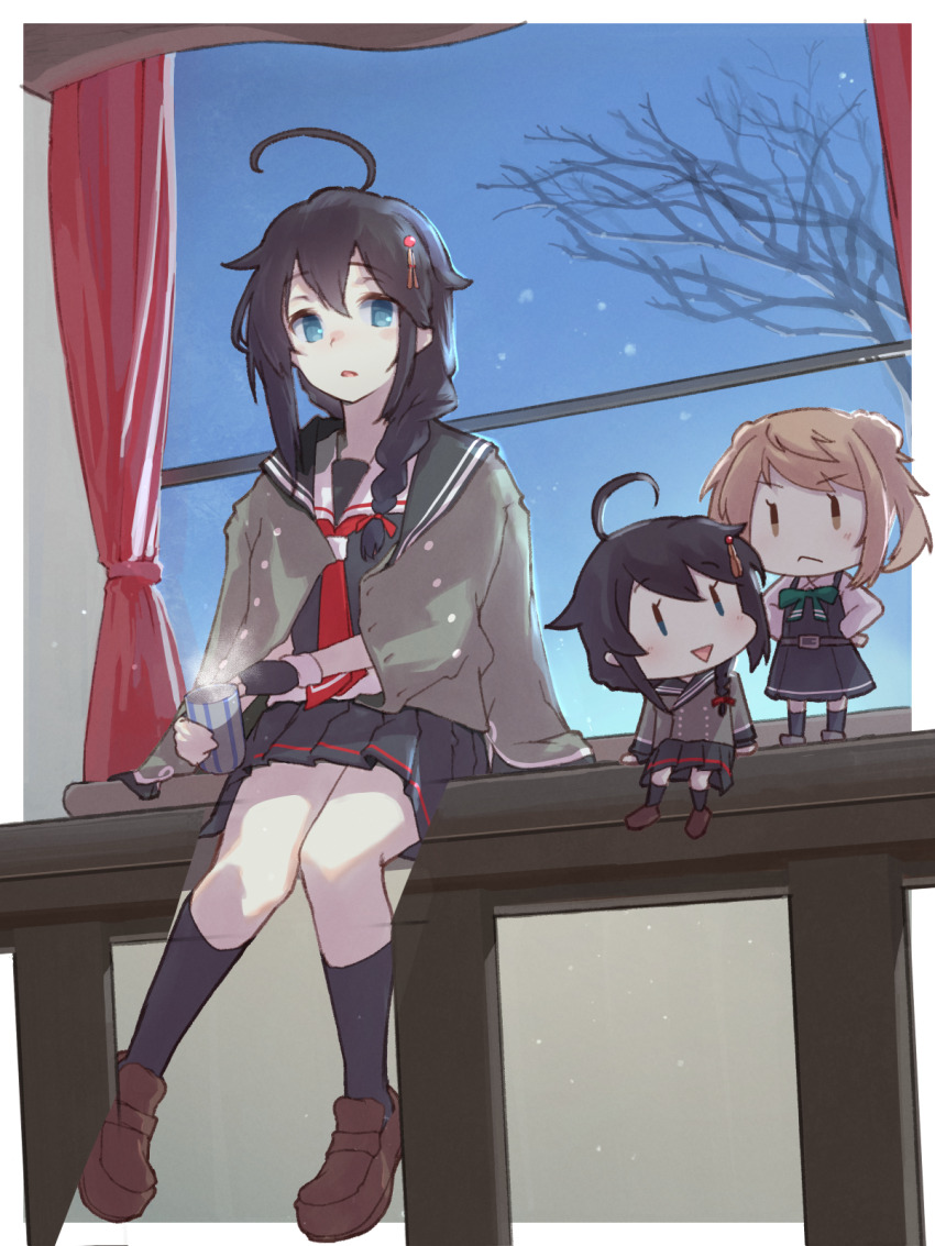 3girls, ahoge, ascot, black_serafuku, bow, bowtie, braid, cup