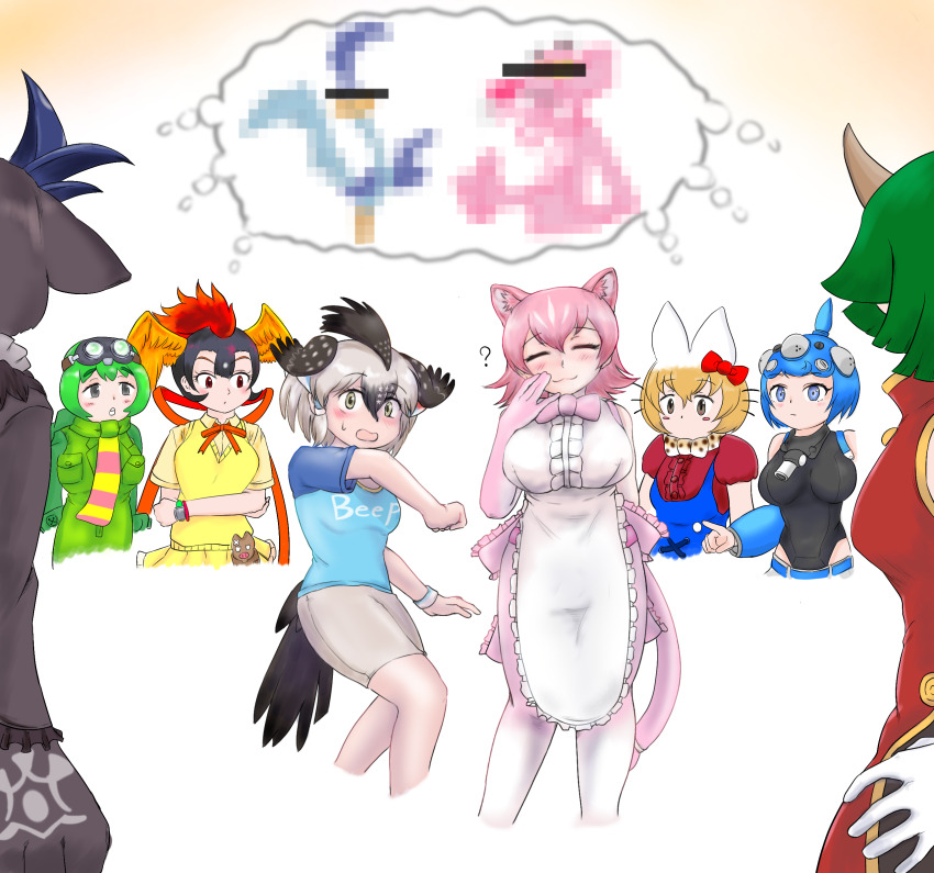 6+girls, ?, absurdres, alternate_form, animal_ears, animal_hands, apron, bike_shorts, bird_wings, black_hair, black_sclera, blonde_hair, blue_hair, bow, bowtie, brown_hair, censored, center_frills, china_dress, chinese_clothes, closed_eyes, closed_mouth, clothes_writing, colored_inner_hair, colored_sclera, commentary_request, cropped_legs, crossed_arms, crossover, debidebi_debiru, debiru-sama, draco_centauros, dress, elbow_gloves, frills, gachapin, ghost_in_the_shell, gloves, goggles, goggles_on_head, greater_roadrunner_(kemono_friends), green_hair, grey_hair, hair_between_eyes, hair_ornament, head_wings, hello_kitty, hi_no_tori, hi_no_tori_(kemono_friends), highres, hirake!_ponkikki, horns, imagining, kemono_friends, kemono_friends_3, leotard, looking_at_another, looney_tunes, medium_hair, mosaic_censoring, multicolored_hair, multiple_crossover, multiple_girls, nijisanji, overalls, panther_ears, panther_girl, panther_tail, peach_panther_(kemono_friends), pink_hair, puyopuyo, red_hair, road_runner_(looney_tunes), saja_(166j357), sanrio, scarf, serval_(kemono_friends), shared_thought_bubble, shirt, short_hair, short_sleeves, smile, speech_bubble, standing, sweater_vest, t-shirt, tachikoma_type-s_(kemono_friends), tail, the_pink_panther, the_pink_panther_(character), thought_bubble, virtual_youtuber, white_hair, wings