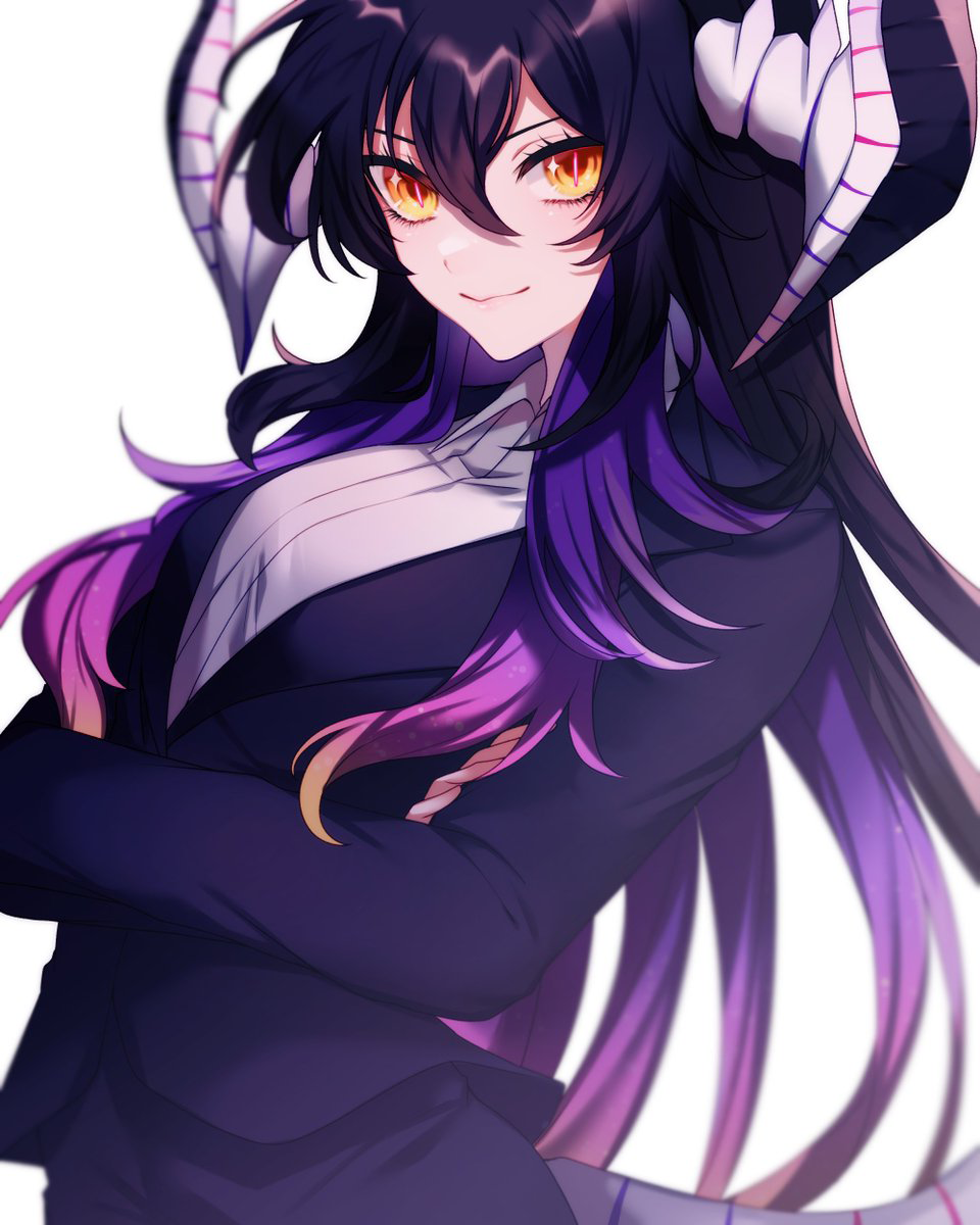 1girl, black_hair, breasts, crossed_arms, dragon_girl, dragon_horns, dragon_tail, formal_clothes