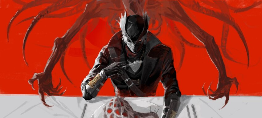 amygdala_(bloodborne), belt, black_gloves, bloodborne, brown_coat, brown_headwear, brown_jacket, coat