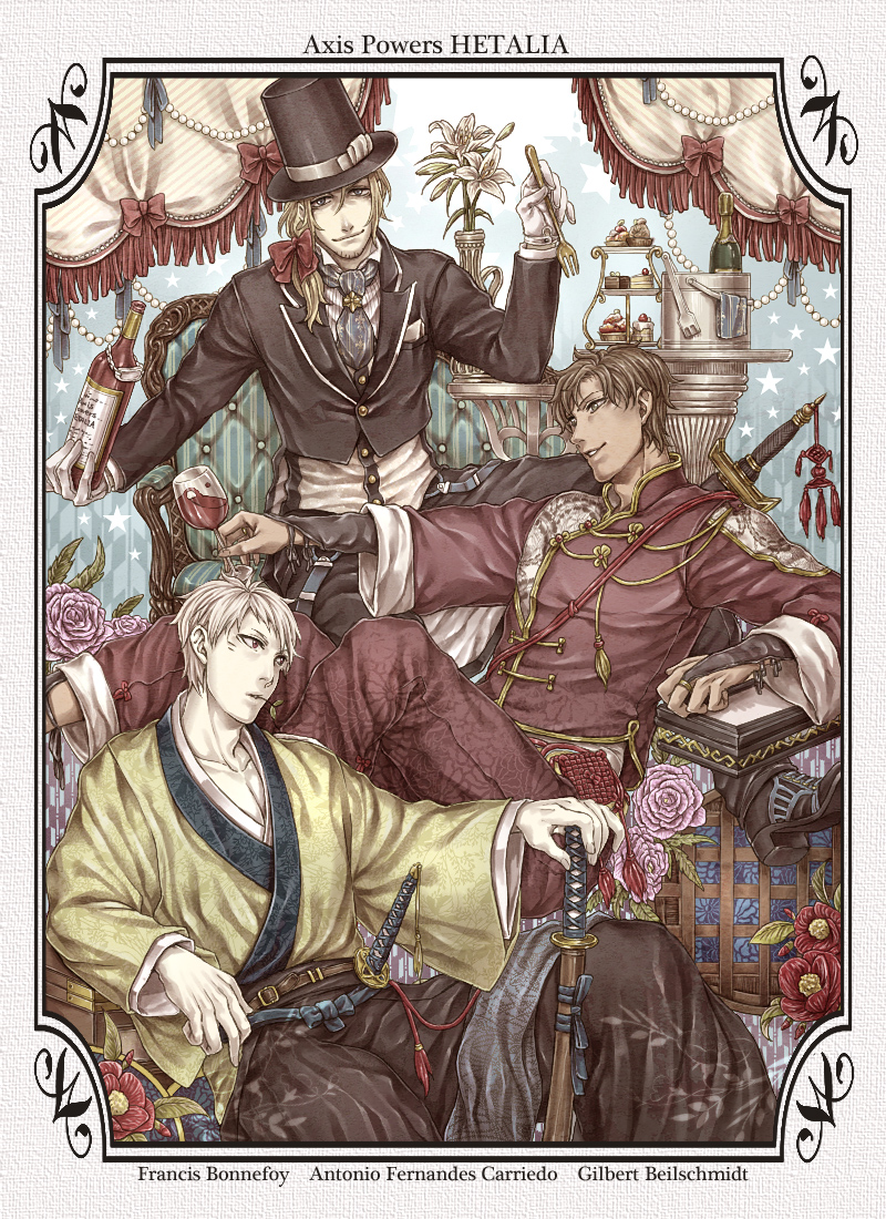 3boys, alcohol, axis_powers_hetalia, azuma_yuuhi, bad_id, bad_pixiv_id, cake, flower