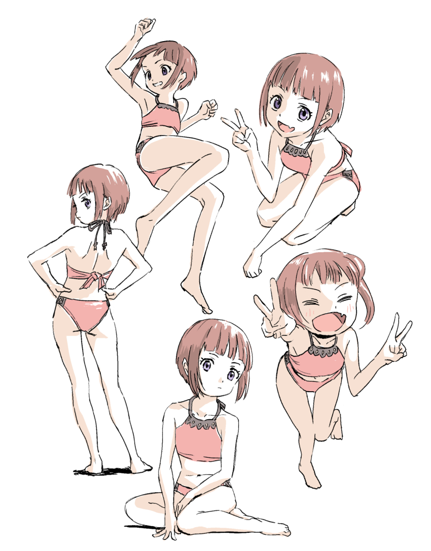 1girl, :d, bikini, brown_hair, fang, highres, imocool, open_mouth, purple_eyes, senjuin_koharu, short_hair, sitting, skin_fang, smile, squatting, swimsuit, v, white_background, yama_no_susume, yokozuwari