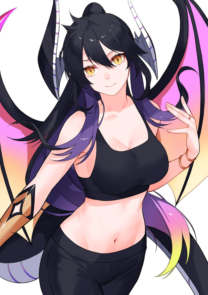 1girl, bracelet, breasts, dragon, dragon_girl, dragon_horns, dragon_tail, dragon_wings, highres, horns, indie_virtual_youtuber, jewelry, kimochi_(vtuber), large_breasts, long_hair, looking_at_viewer, multicolored_hair, navel, pants, ponytail, purple_hair, smile, solo, sports_bra, tail, virtual_youtuber, waka_(shark_waka), wings, yellow_eyes, yoga_pants