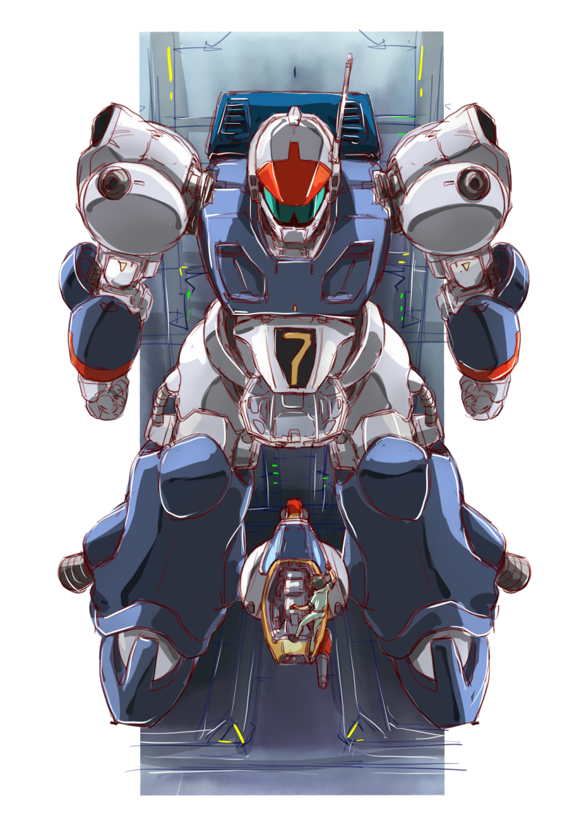 1boy, black_hair, climbing, cockpit, commentary_request, energy_cannon, ginga_hyouryuu_vifam, gloves