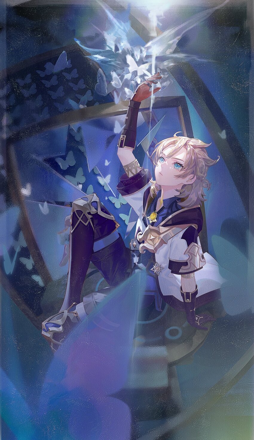 1boy, albedo_(genshin_impact), aqua_eyes, arm_up, black_boots, black_gloves, black_shorts, blue_shirt