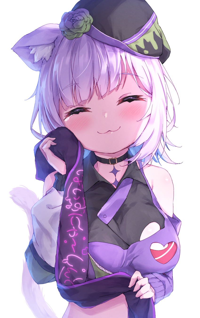 1girl, :3, absurdres, animal_ear_fluff, animal_ears, bare_shoulders, black_hat, black_shirt