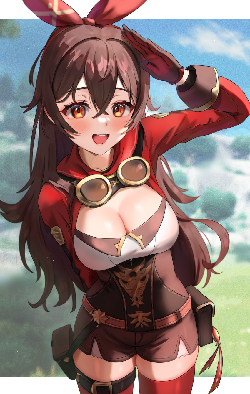 1girl, :d, amber_(genshin_impact), arm_up, black_gloves, blue_sky, breasts, brown_eyes