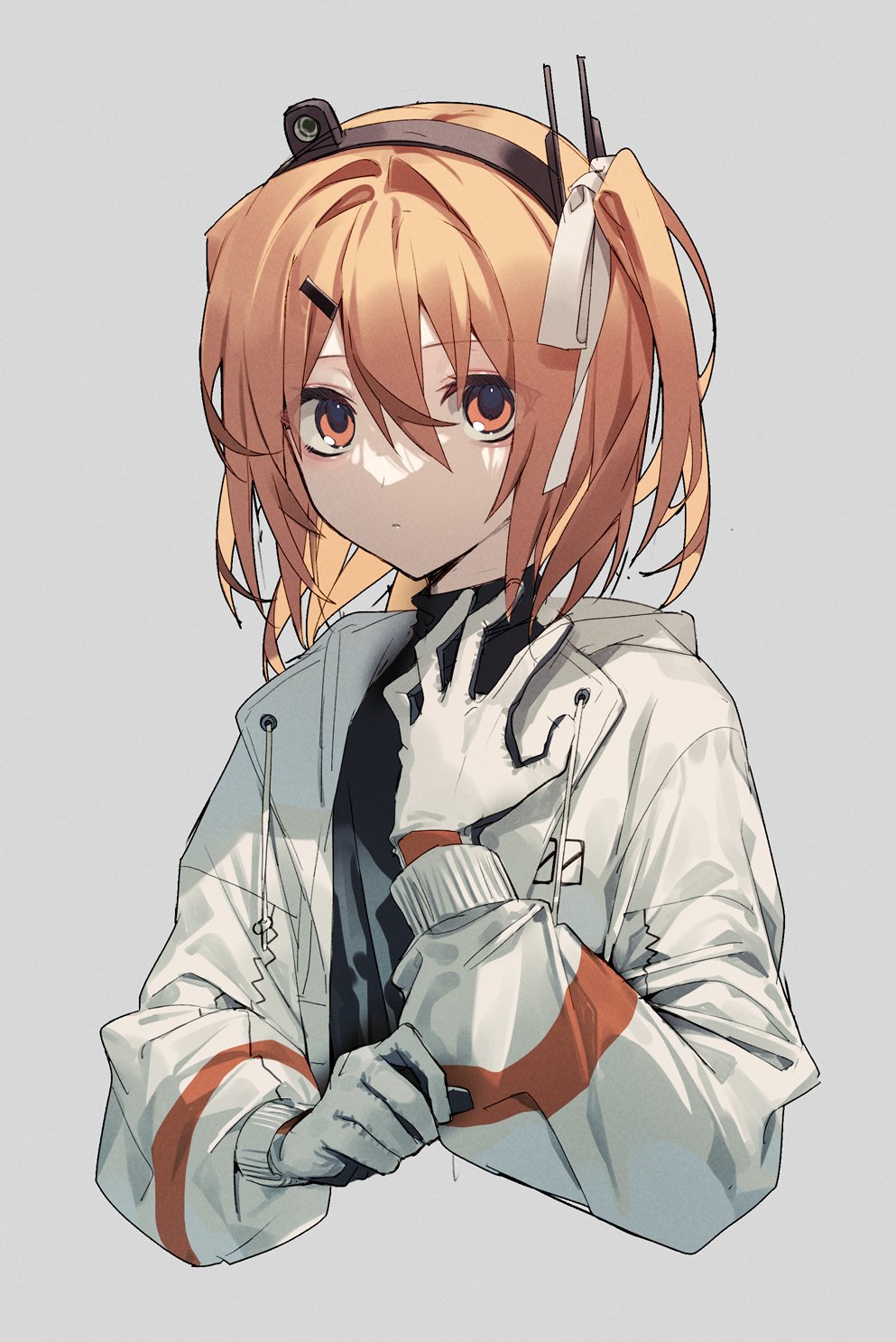 1girl, a.i._voice, adachi_rei, black_hairband, black_shirt, clothes_grab, expressionless, gloves