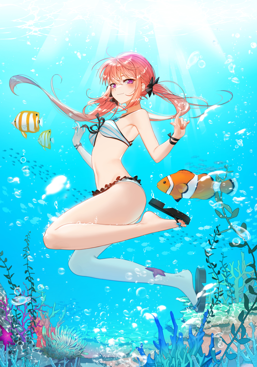 1girl, air_bubble, animal, armpit_crease, bare_arms, bare_legs, bare_shoulders, bikini