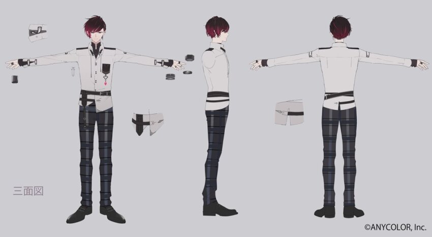 1boy, belt, black_belt, black_footwear, black_hair, black_pants, reference_sheet, collared_shirt