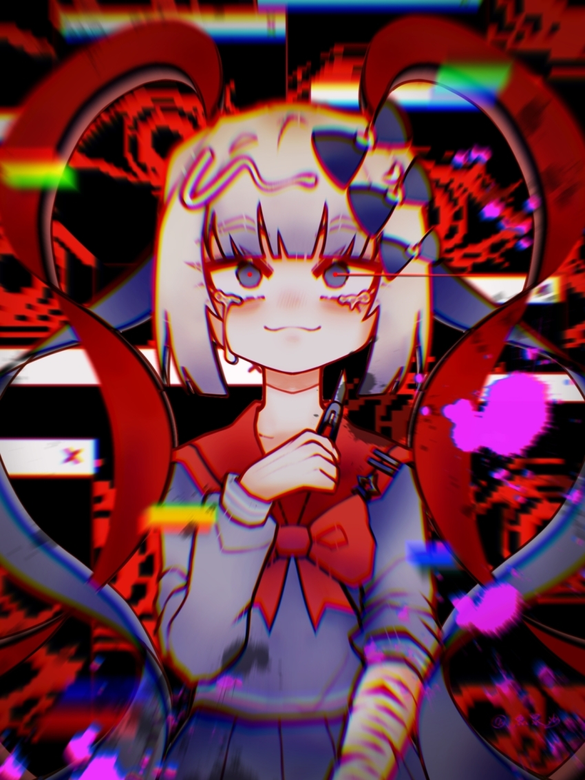 1girl, blonde_hair, blue_bow, blue_eyes, blue_hair, blue_shirt, blue_skirt, bow, bright_pupils, chinsa, chouzetsusaikawa_tenshi-chan, chouzetsusaikawa_tenshi-chan_(dark_angel), closed_mouth, dark_blue_hair, gradient_hair, hair_bow, highres, injury, long_hair, multicolored_hair, multiple_hair_bows, neck_ribbon, needy_girl_overdose, pleated_skirt, purple_hair, quad_tails, red_hair, red_pupils, red_ribbon, red_sailor_collar, ribbon, sailor, sailor_collar, sailor_shirt, school_uniform, self-harm, serafuku, shirt, skirt, sleeve_rolled_up, smile, solo, window_(computing), wrist_cutting