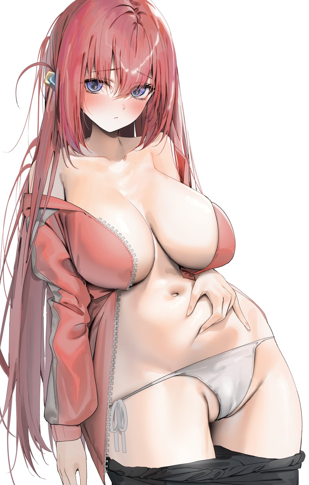 1girl, belly, bikini, black_pants, blue_eyes, blush, bocchi_the_rock!, breasts, closed_mouth, collarbone, cube_hair_ornament, gotoh_hitori, hair_between_eyes, hair_ornament, hand_on_own_stomach, highres, huge_breasts, jacket, large_breasts, long_hair, long_sleeves, looking_at_viewer, navel, no_bra, one_side_up, open_clothes, open_jacket, pants, pants_partially_removed, pinching_own_belly, pink_hair, pink_jacket, poharo, side-tie_bikini_bottom, simple_background, sleeves_past_wrists, solo, stomach, swimsuit, thighs, track_jacket, white_background, white_bikini, zipper_pull_tab