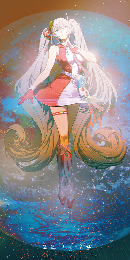 1girl, arm_at_side, bare_arms, belt, boots, breasts, clenched_hand, closed_mouth, collared_dress, commentary, contrapposto, dated, dress, earth_(planet), embers, full_body, future_eve_(vocaloid), gloves, grey_belt, hair_between_eyes, hair_ornament, hair_ribbon, half-closed_eyes, hand_on_own_chest, hand_up, hatsune_miku, haun, head_tilt, headphones, heart, knee_boots, large_breasts, legs_together, lens_flare, long_hair, looking_at_viewer, looking_down, magical_mirai_(vocaloid), magical_mirai_miku, magical_mirai_miku_(2022), necktie, pink_gloves, pink_necktie, pink_ribbon, planet, radio_antenna, ribbon, rocket_ship, serious, short_dress, sidelocks, sleeveless, sleeveless_dress, solo, spacecraft, star_(symbol), star_hair_ornament, striped_clothes, striped_dress, striped_necktie, thigh_strap, tight_clothes, tight_dress, twintails, vertical_stripes, very_long_hair, vocaloid, wavy_hair