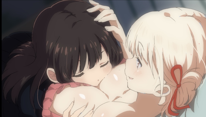 2girls, blonde_hair, breast_smother, breasts, brown_hair, cleavage, face_to_breasts, hair_ribbon, hand_on_another's_head, inoue_takina, large_breasts, long_hair, looking_at_another, lycoris_recoil, lying, multiple_girls, nishikigi_chisato, on_back, or2_(sahr7857), red_eyes, red_ribbon, ribbon, short_hair, smile, yuri