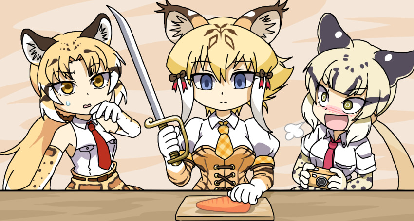 3girls, animal_ear_fluff, animal_ears, arm_at_side, bare_shoulders, blonde_hair, blush, bow