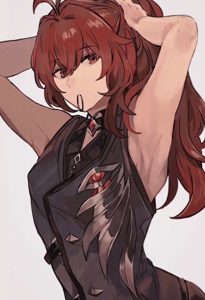 1boy, adjusting_hair, antenna_hair, arched_back, armpits, arms_up, diluc_(genshin_impact), eatsthgood, genshin_impact, long_hair, looking_at_viewer, mouth_hold, red_eyes, red_hair, simple_background, solo, white_background
