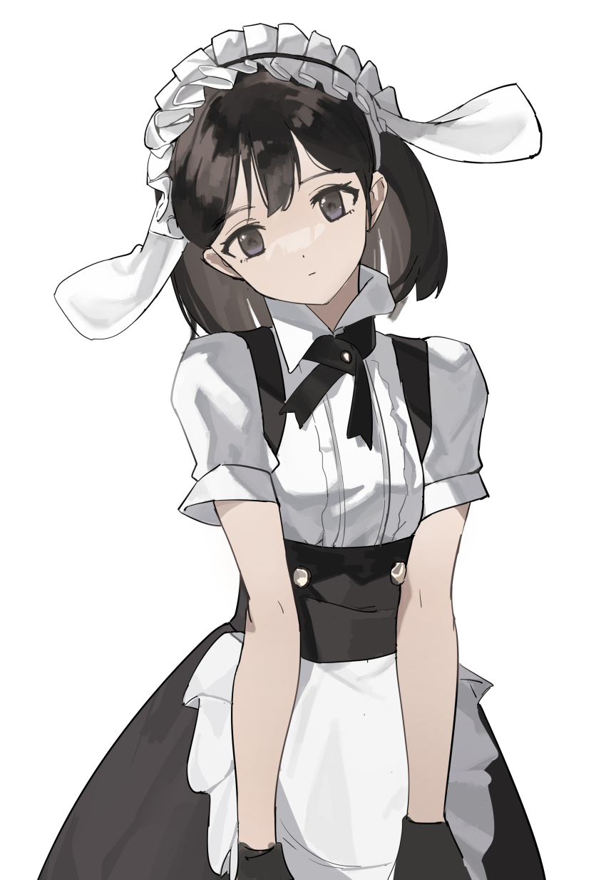 1girl, absurdres, apron, black_dress, black_eyes, black_gloves, black_hair, black_ribbon
